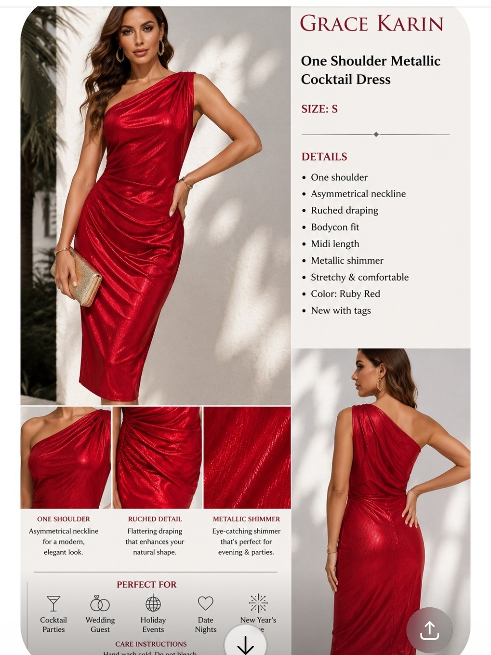 Grace Karin Red One Shoulder Metallic Ruched Cocktail Dress NWT Small Y2K